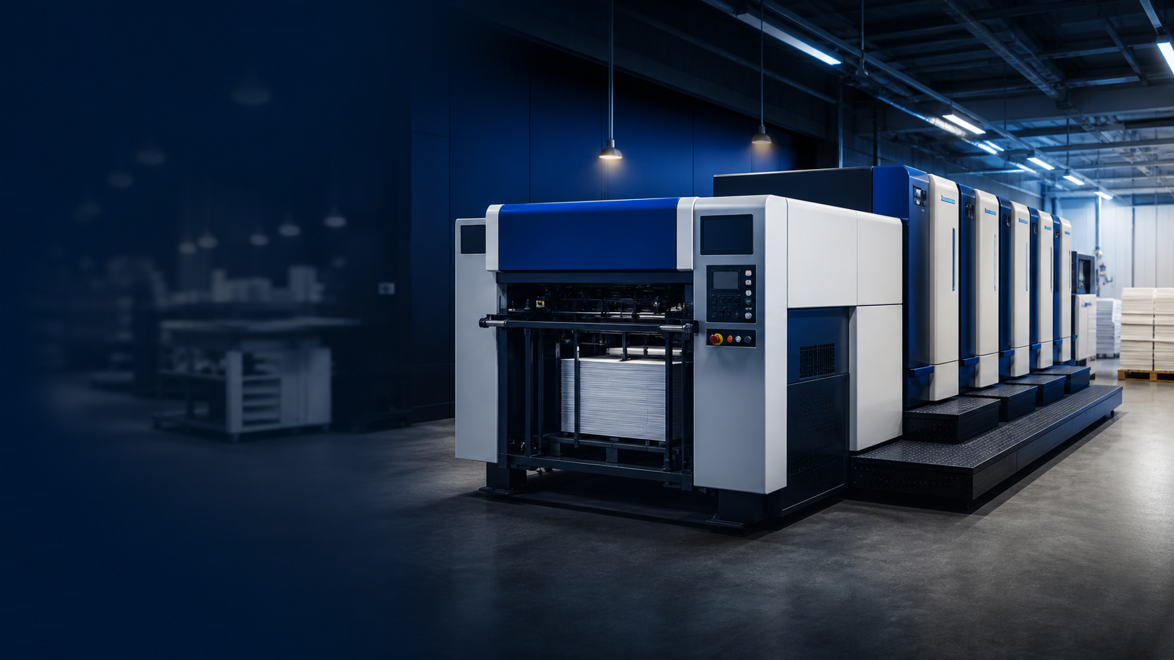 Four-colour offset press in a modern commercial print facility